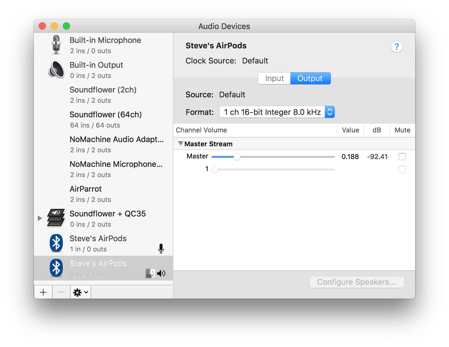 AirPods switch to 8 kHz output samplerate when they're the input device.